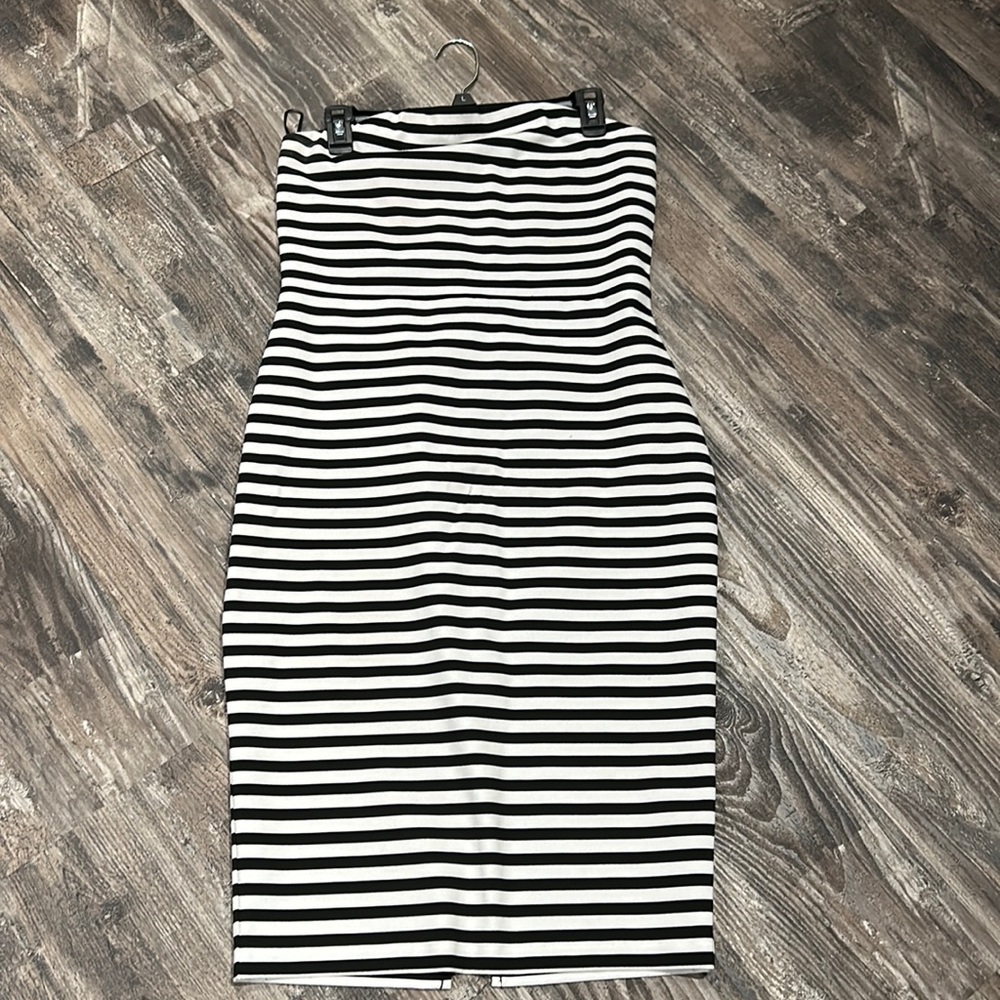 Black and white stripe strapless dress.